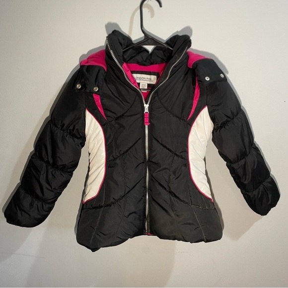 London Fog Black/ Pink Puffer Jacket Girl’s Small 7-8 Kids Outerwear Winter Warm - Picture 1 of 14